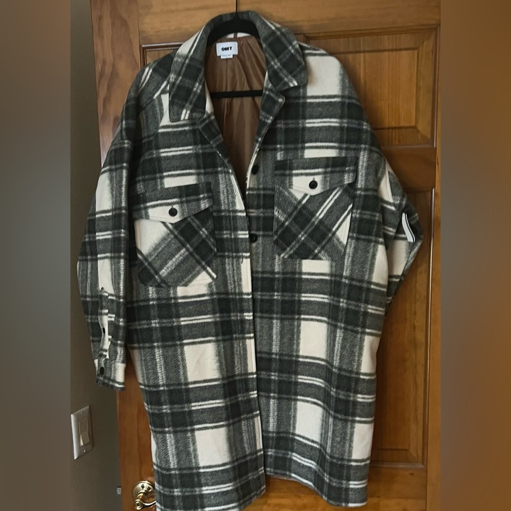 Women’s Obey long plaid jacket.